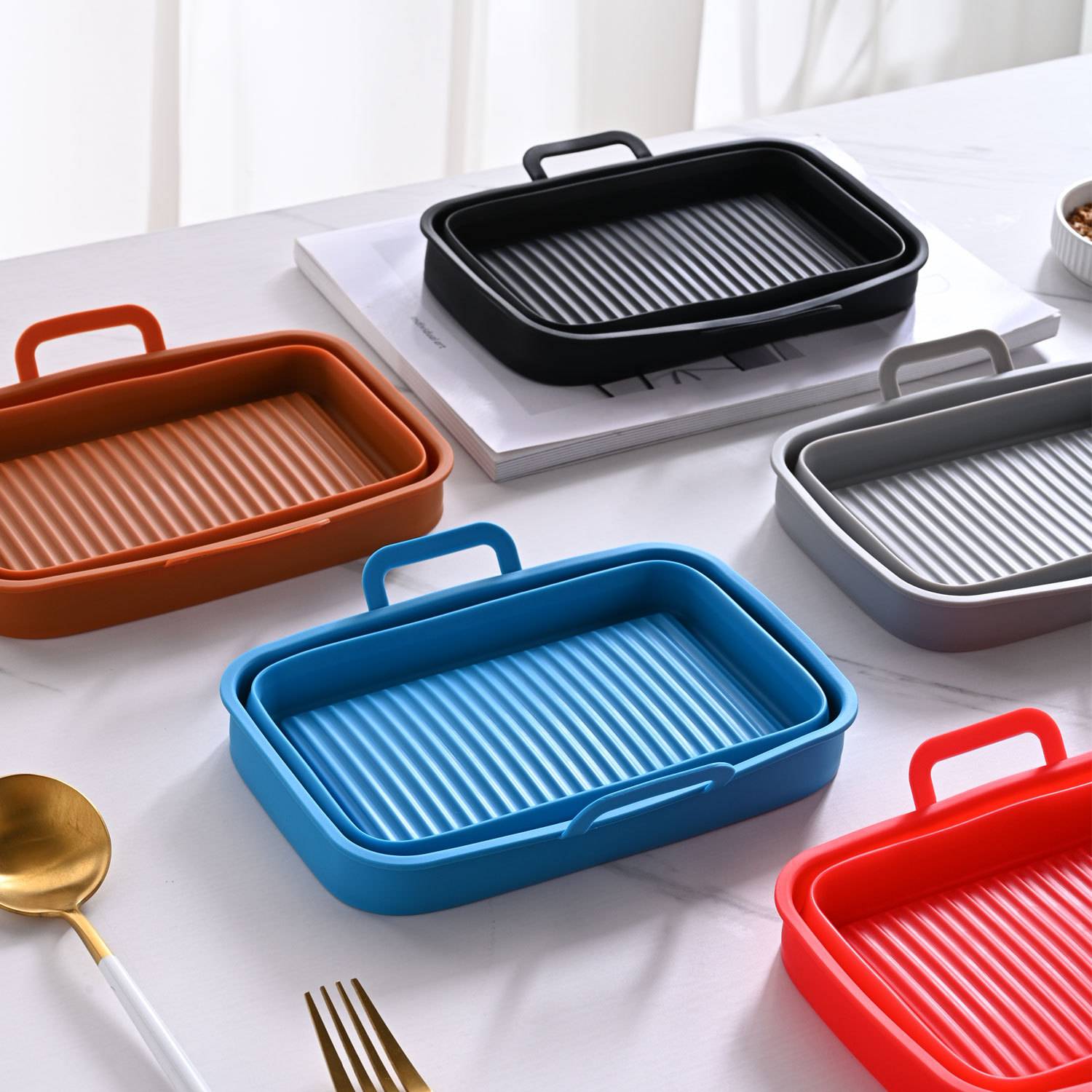 Zusammenklappbare quadratische Air Fryer-Silikonschüssel im 2er-Pack Black