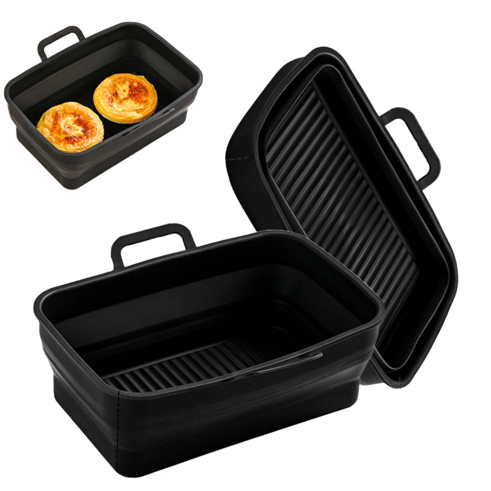 Zusammenklappbare quadratische Air Fryer-Silikonschüssel im 2er-Pack Black