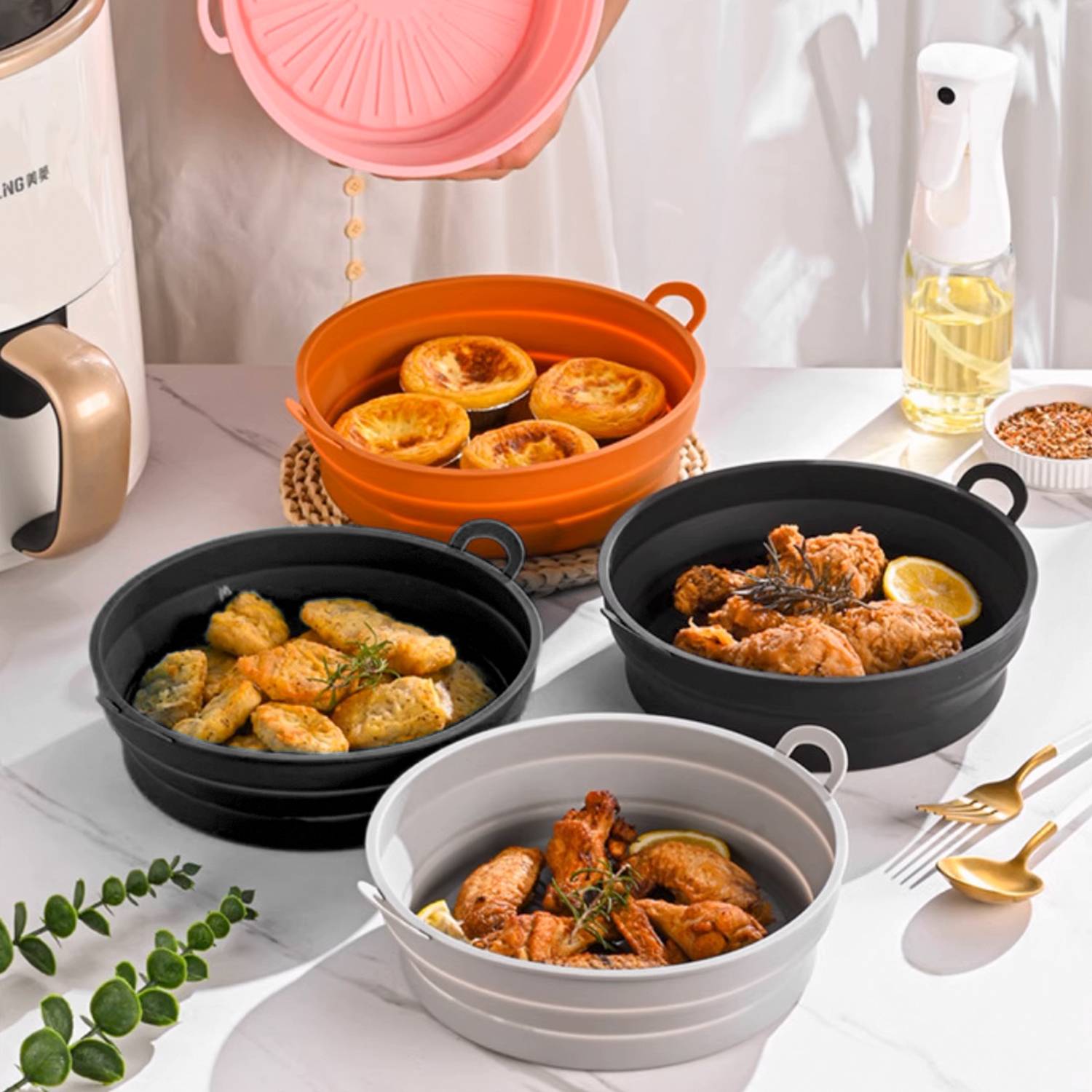 Faltbare runde Silikonschüssel für Air Fryer 8,5 inch Black