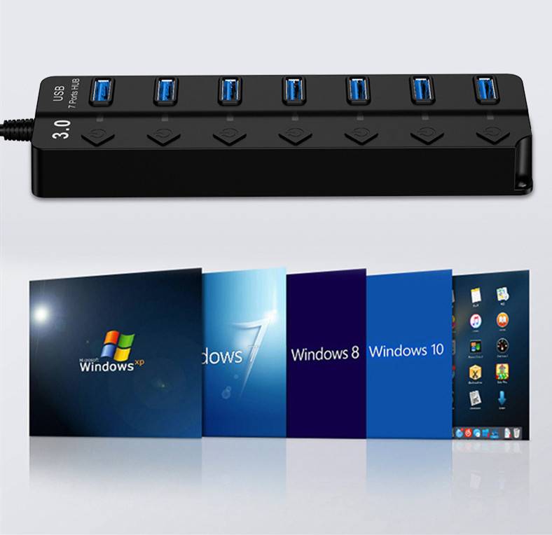 USB 3.0-Hub, 5 Gbit/s, 7 Ports, individuelle Ein-/Aus-Tasten