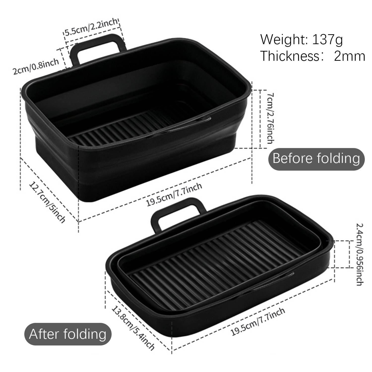 Zusammenklappbare quadratische Silikonform für Airfryer 19,5 x 12,7 x 7 cm Black