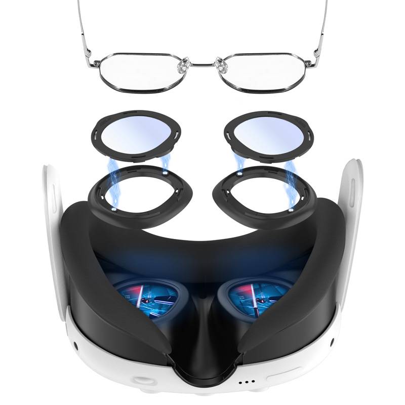 Explodierte Ansicht eines VR-Headsets mit zwei Brillengläsern und übereinander gestapelten Linsenringen über dem Headset, die die optische Baugruppe zeigen.