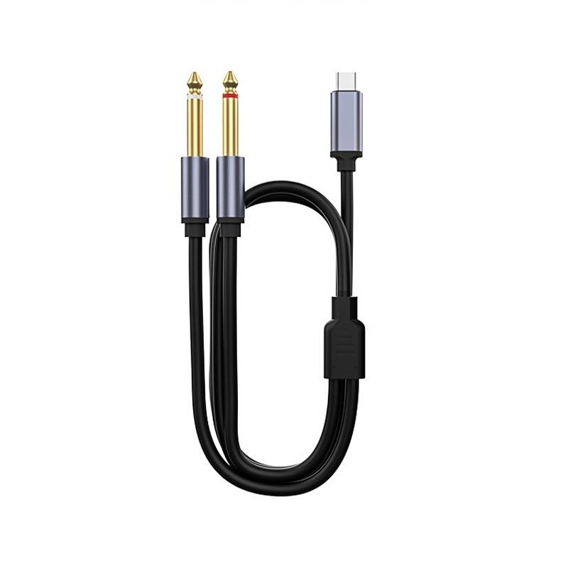 Schwarzes Audiokabel mit USB-C-Anschluss auf einer Seite und zwei 1/4-Zoll-Audiosteckern auf der anderen Seite, gezeigt auf weißem Hintergrund.
