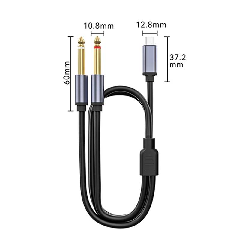 Schwarzes Audio-Adapterkabel mit zwei 10,8 mm 1/4-Zoll-Steckern und einem 12,8 mm Buchsenkonnektor, mit den beschrifteten Abmessungen 60 mm und 37,2 mm.