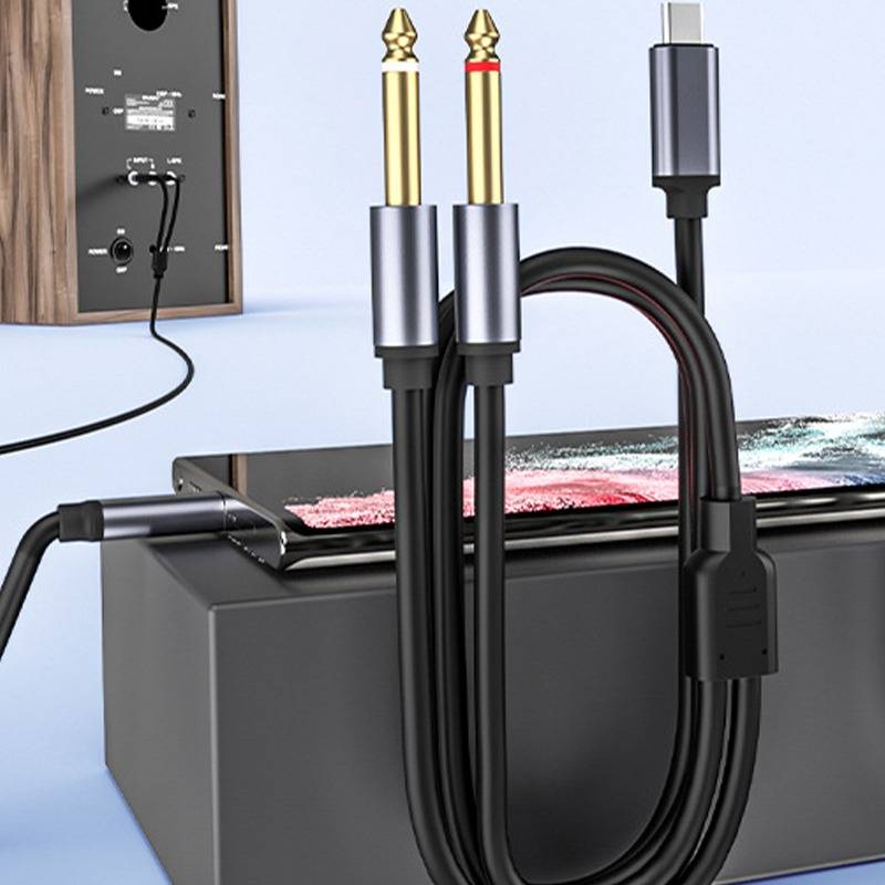 Nahaufnahme eines Kabelaufbaus mit zwei goldenen 1/4-Zoll-Audiosteckern und einem USB-C-Stecker, die in ein Gerät eingesteckt sind.