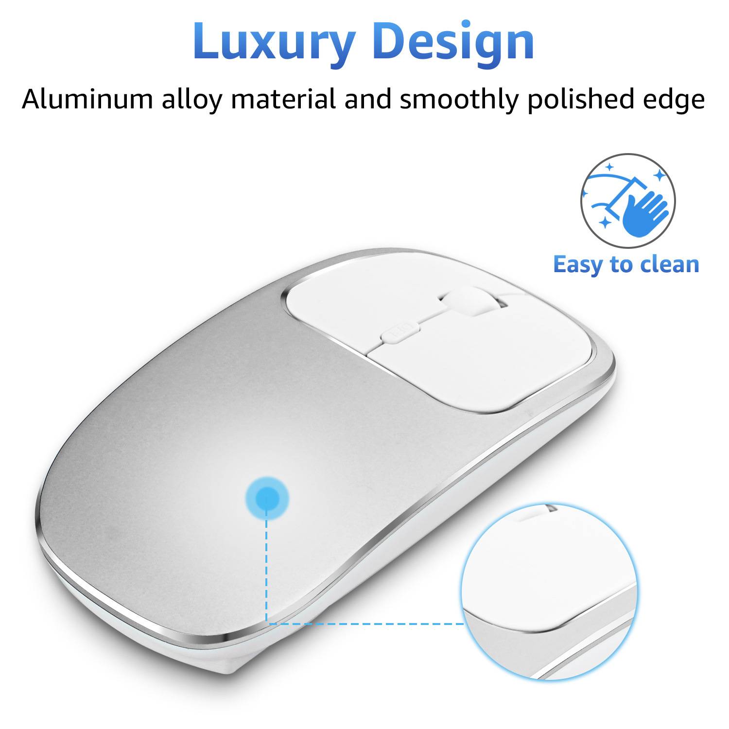 Leise Drahtlose Optische Maus, Ergonomisch, Wiederaufladbar, 6 Tasten Silver