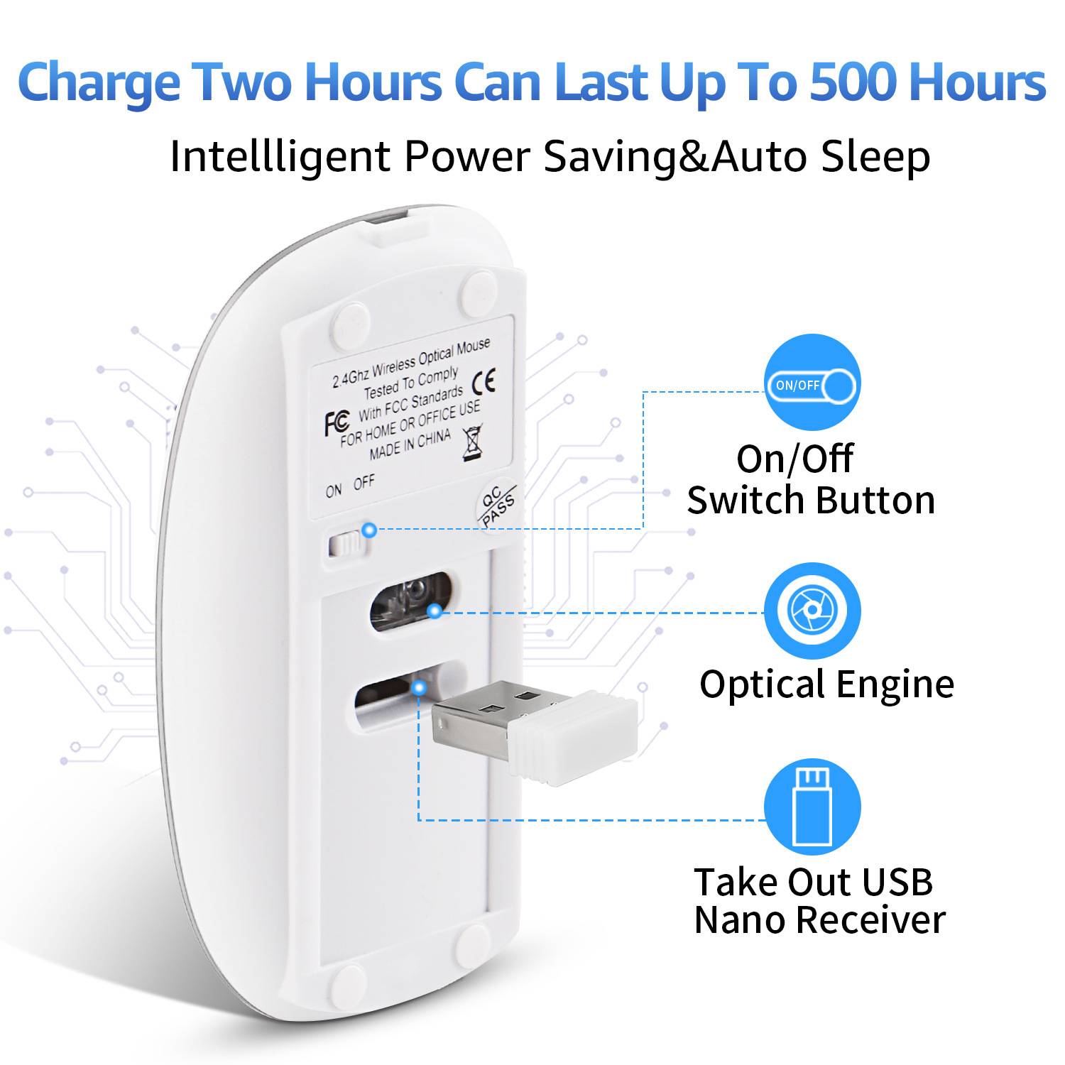 Leise Drahtlose Optische Maus, Ergonomisch, Wiederaufladbar, 6 Tasten Silver