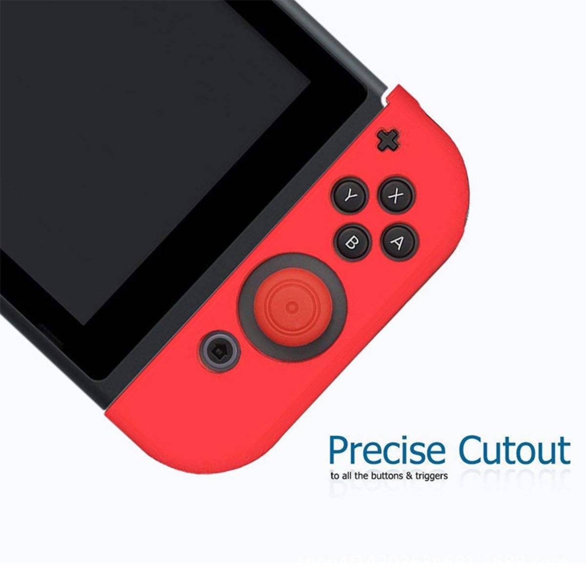 Nahaufnahme eines roten Nintendo Switch Joy-Con mit präzisen Ausschnitten um die Tasten, den Joystick und die Trigger, neben dem Text „Präziser Ausschnitt" gezeigt.