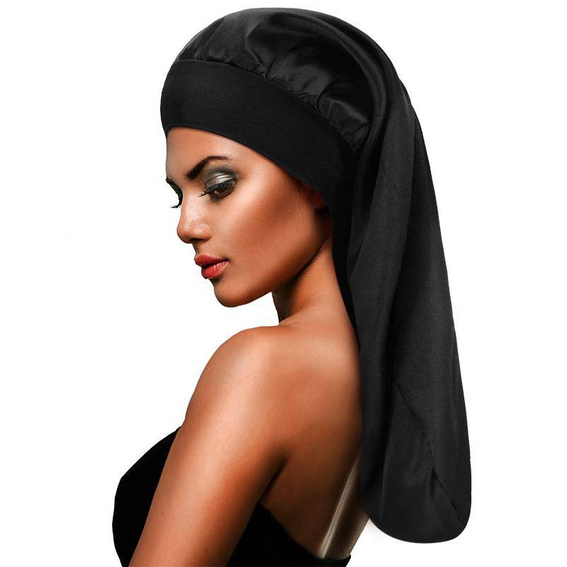 Satin-Haube für langes Haar, breitrandige Schlafhaube für die Haarpflege Black