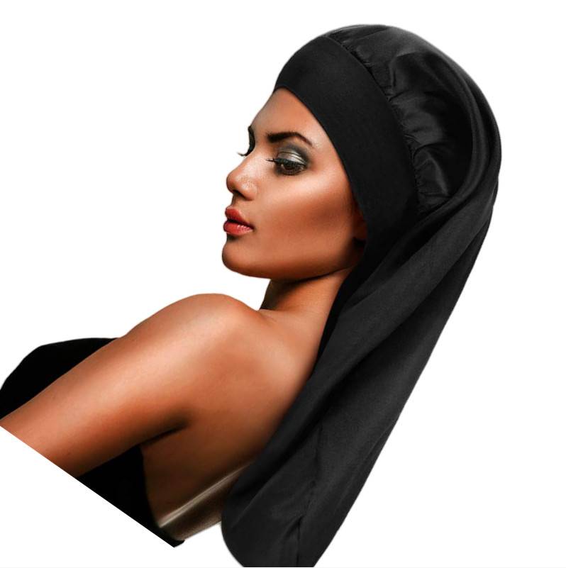 Satin-Haube für langes Haar, breitrandige Schlafhaube für die Haarpflege Black