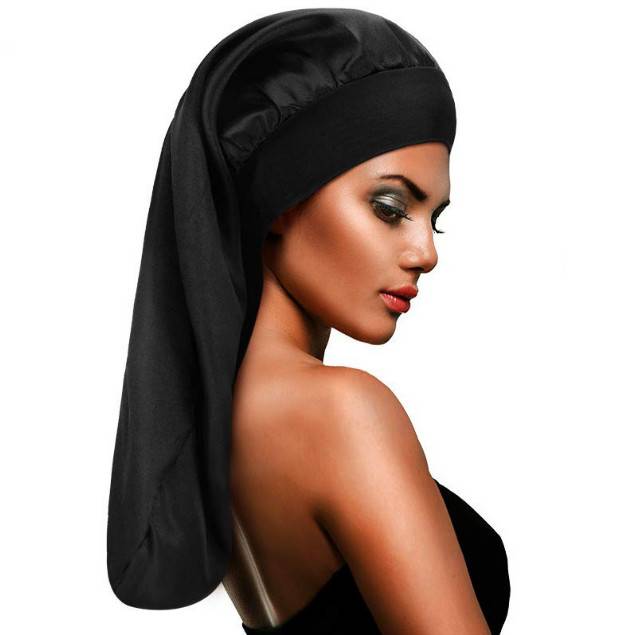 Satin-Haube für langes Haar, breitrandige Schlafhaube für die Haarpflege Black