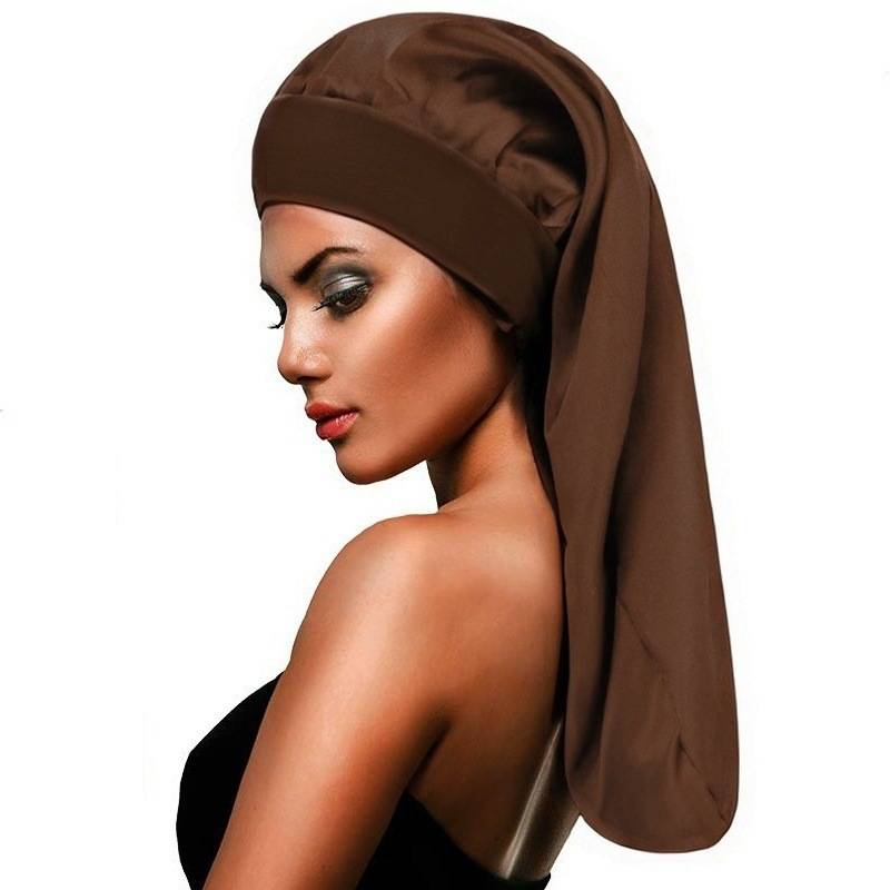 Satin-Haube für langes Haar, breitrandige Schlafhaube für die Haarpflege Brown