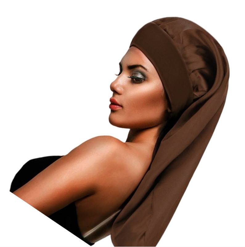 Satin-Haube für langes Haar, breitrandige Schlafhaube für die Haarpflege Brown