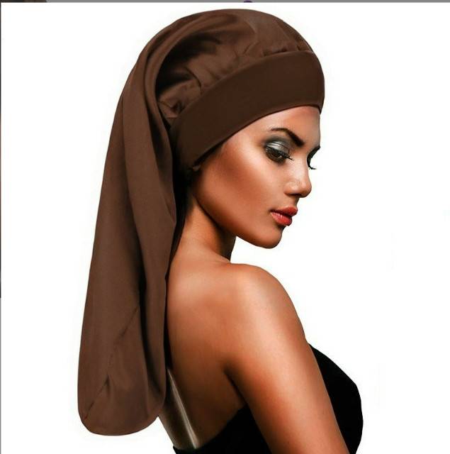 Satin-Haube für langes Haar, breitrandige Schlafhaube für die Haarpflege Brown
