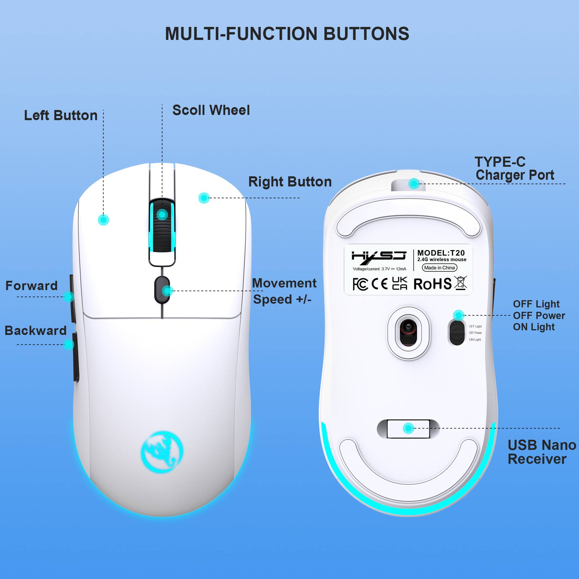 Kabellose Maus - Wiederaufladbar 2,4 G White
