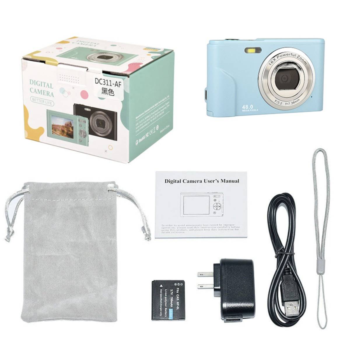 DC311 Kompakte Digitalkamera mit 32GB TF-Karte LightBlue