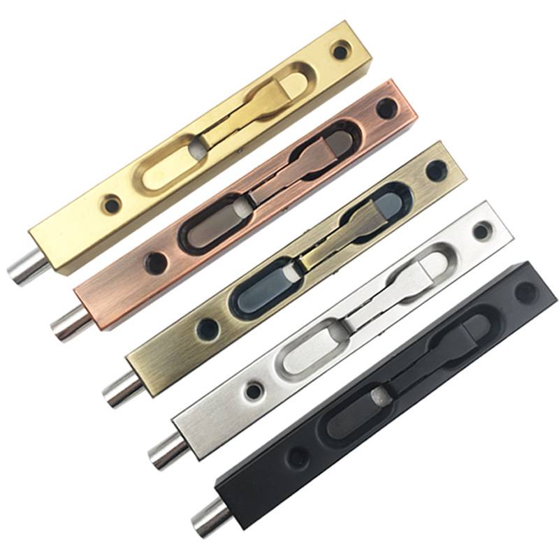 Fünf verdeckte Einschubriegel aus Metall in Gold, Kupfer, Messing, Silber und Schwarz, diagonal auf weißem Hintergrund dargestellt.