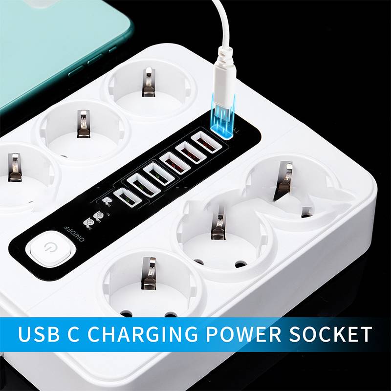 EU Typ-C 6-Wege-Steckdosenleiste mit 5 USB-Anschlüssen White