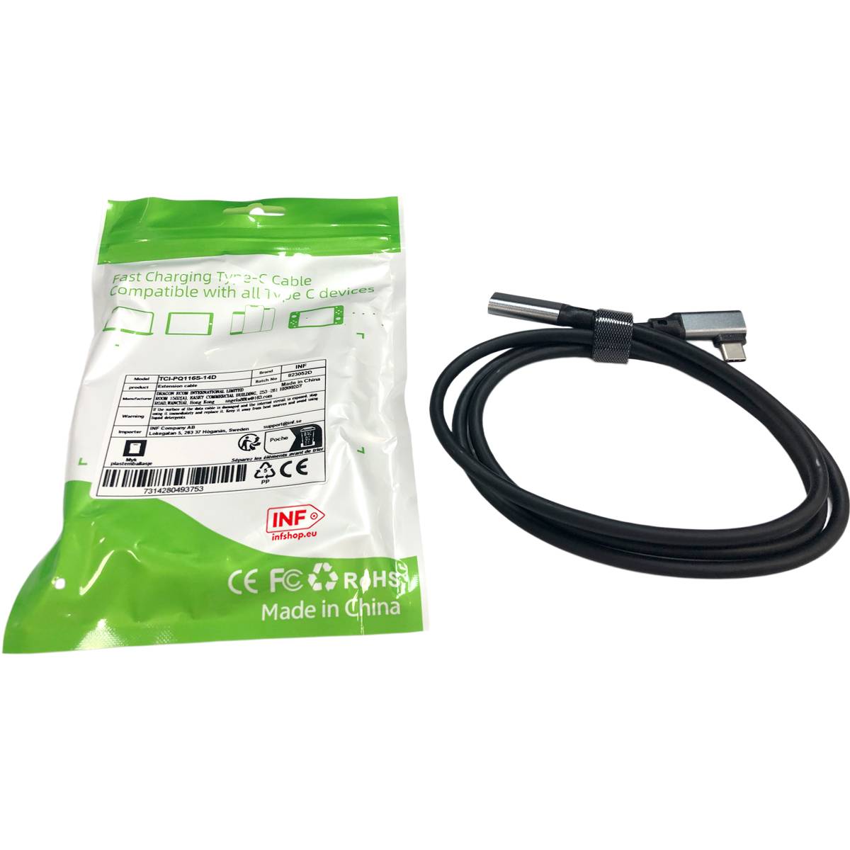 Typ-C-Verlängerungskabel mit Winkeldesign – PQ116 Grau (10 Gbit/s + 4K + 100 W) 1 m