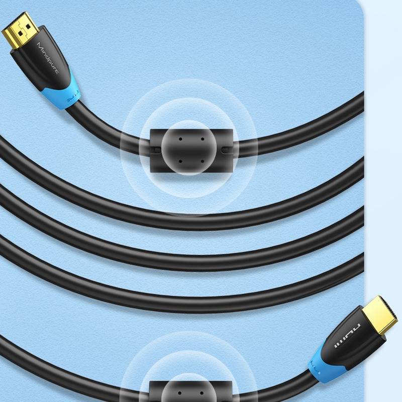 Illustration eines schwarzen Kabels mit vergoldeten Steckern, das zwei inline Magnetverbindungspunkte auf blauem Hintergrund zeigt.