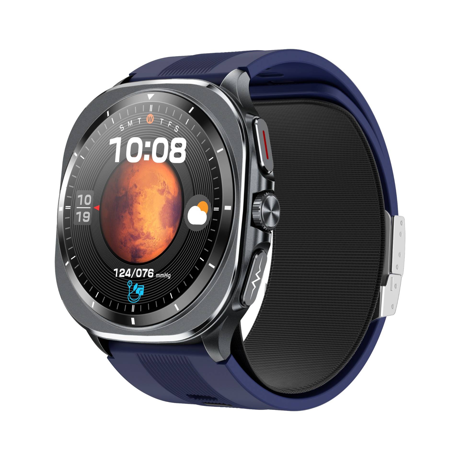 Eine Smartwatch mit marineblauen und silbernen Elementen mit quadratischem Gehäuse, die 10:08 anzeigt, sowie Wetter- und Pulsinformationen auf dem Display.