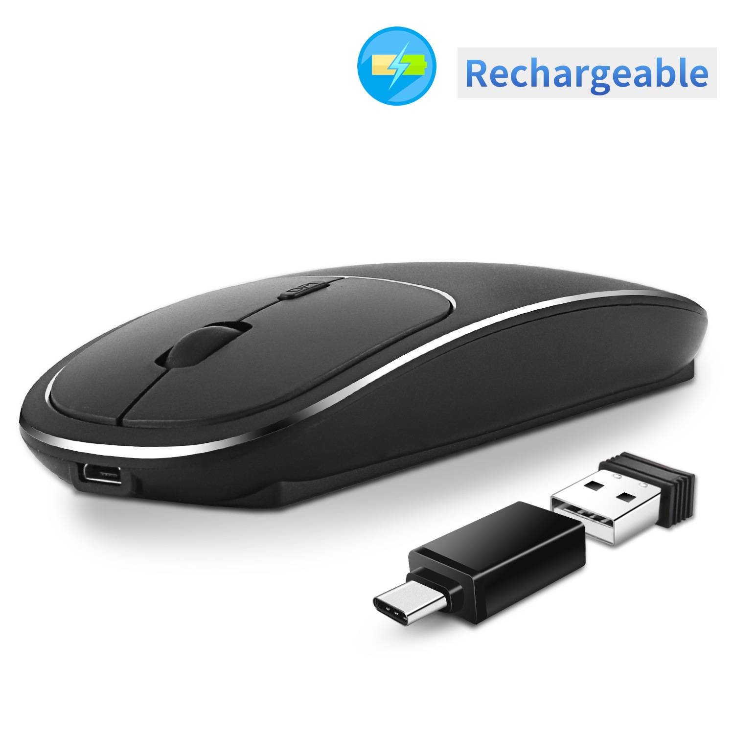 Leise Drahtlose Optische Maus, Ergonomisch, Wiederaufladbar, 6 Tasten Black