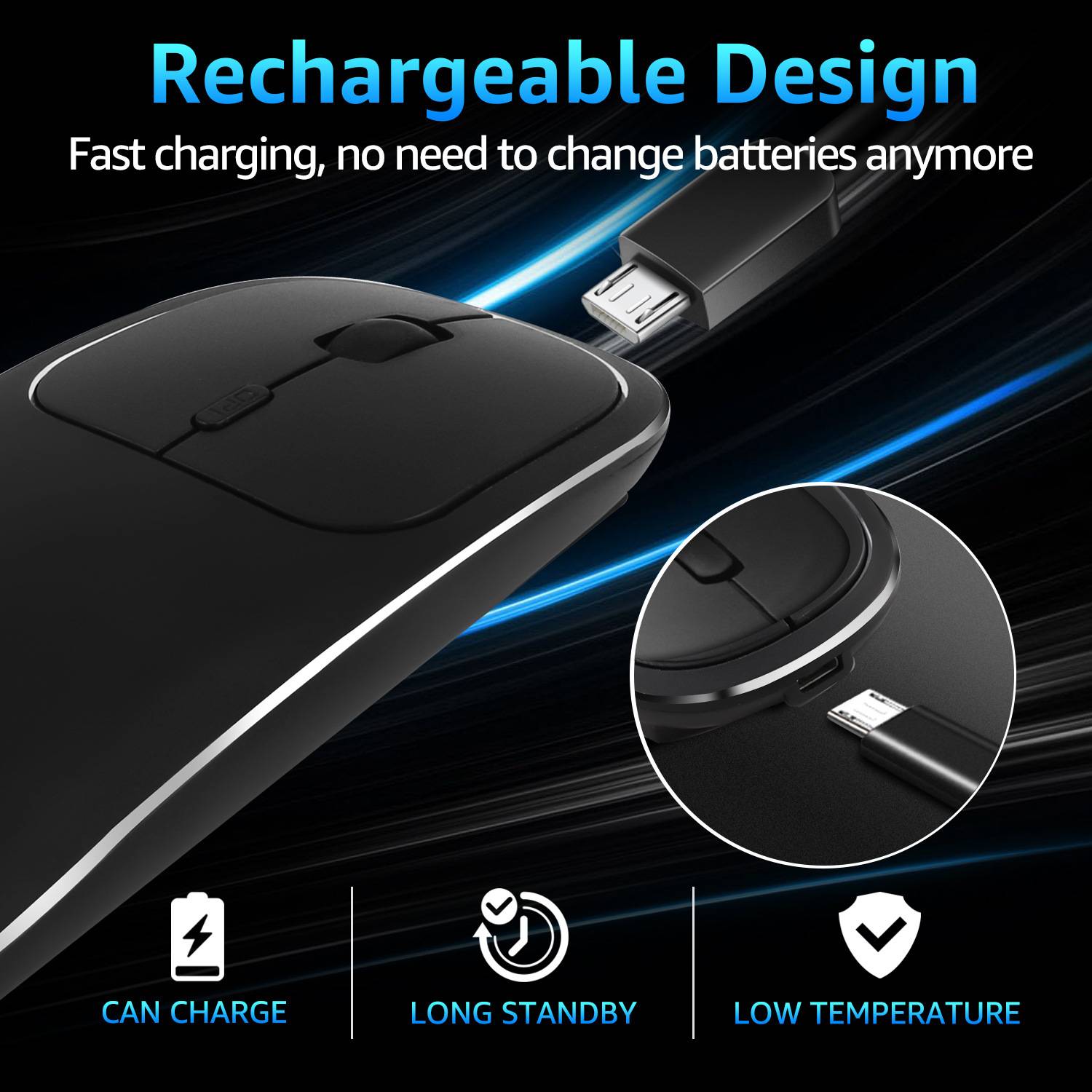 Leise Drahtlose Optische Maus, Ergonomisch, Wiederaufladbar, 6 Tasten Black