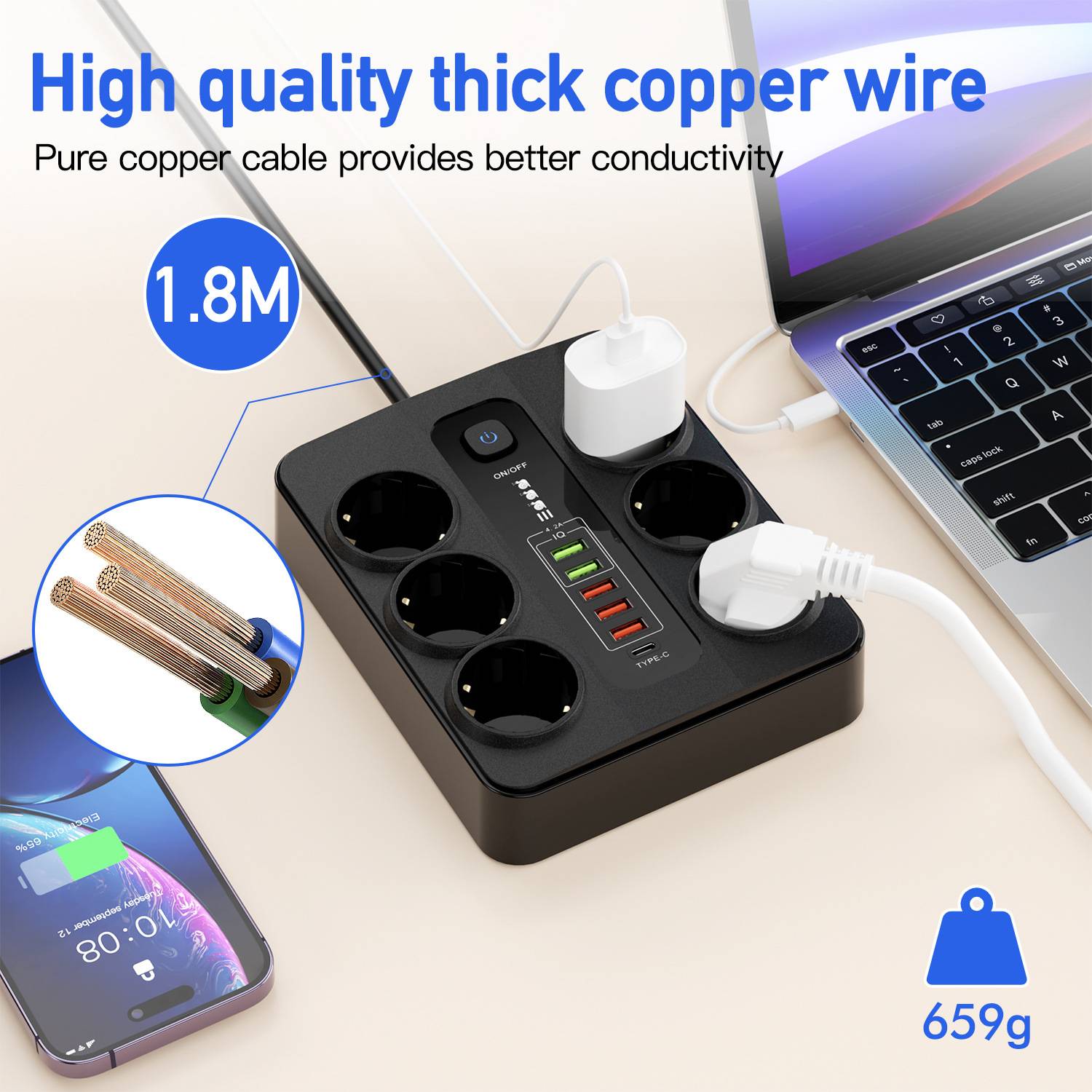 EU Typ-C 6-Wege-Steckdosenleiste mit 5 USB-Anschlüssen Black