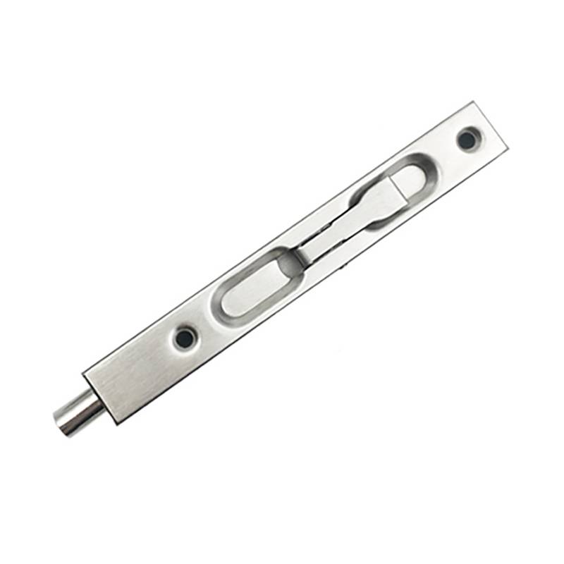 Metallischer Türriegel mit Schiebeverriegelungsstange und zwei Schraubenlöchern auf weißem Hintergrund.