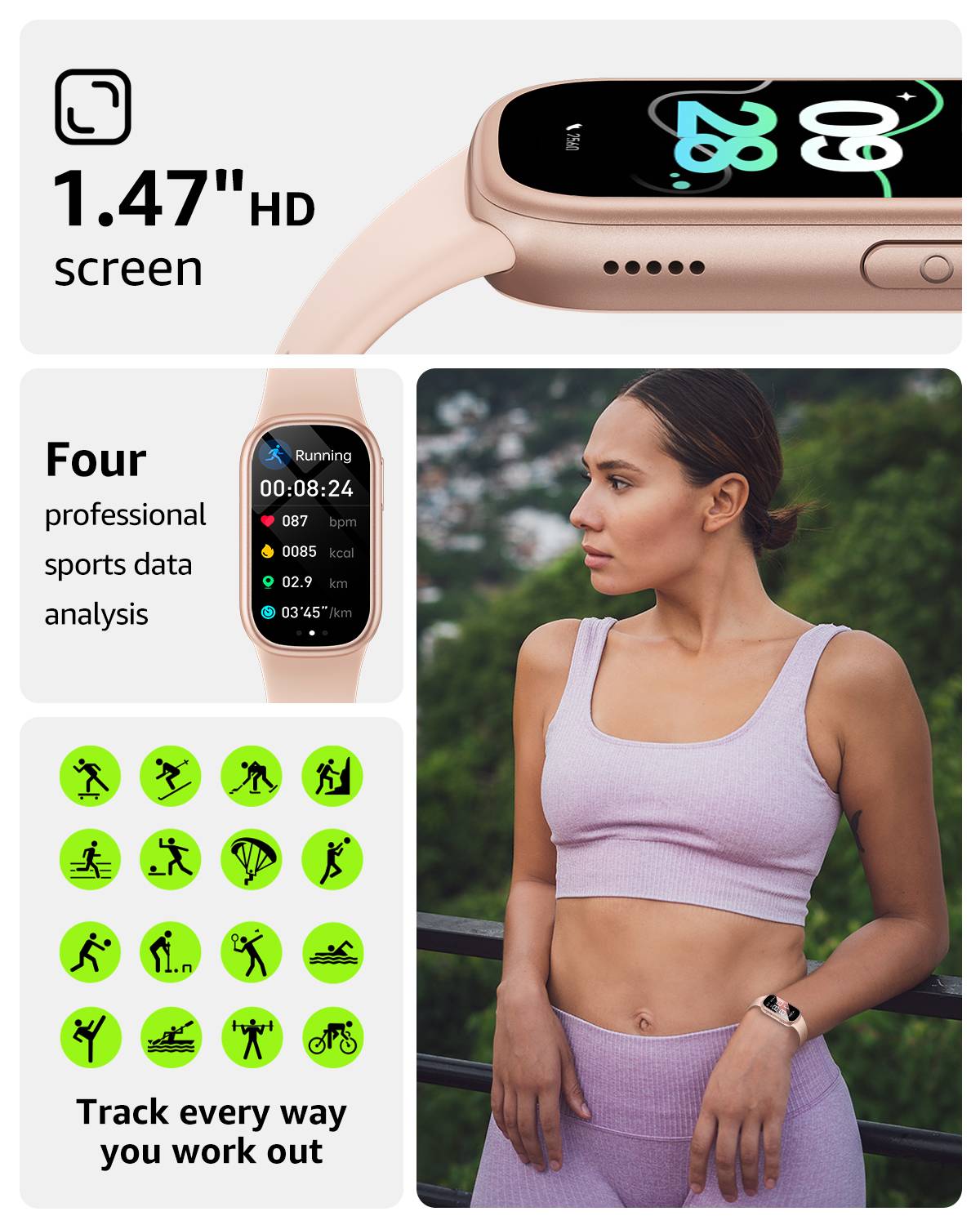 Smartwatch mit Herzfrequenzmesser, Blutdruckmessgerät, Schlafmonitor, Schrittzähler PinkGold