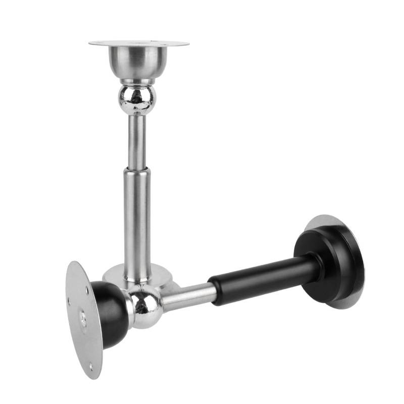 Verstellbare Metallklammer-/Scharniereinheit mit vertikal poliertem Stab und horizontal schwarzem und silbernem Arm auf weißem Hintergrund.