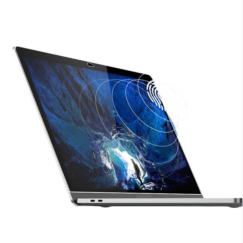 Silberner Laptop im angewinkelten Zustand, zeigt eine blaue Höhlen-Tapete mit konzentrischen Funksignalringen, die von der oberen rechten Ecke des Bildschirms ausgehen und Wi-Fi oder Touch-Reaktion suggerieren.