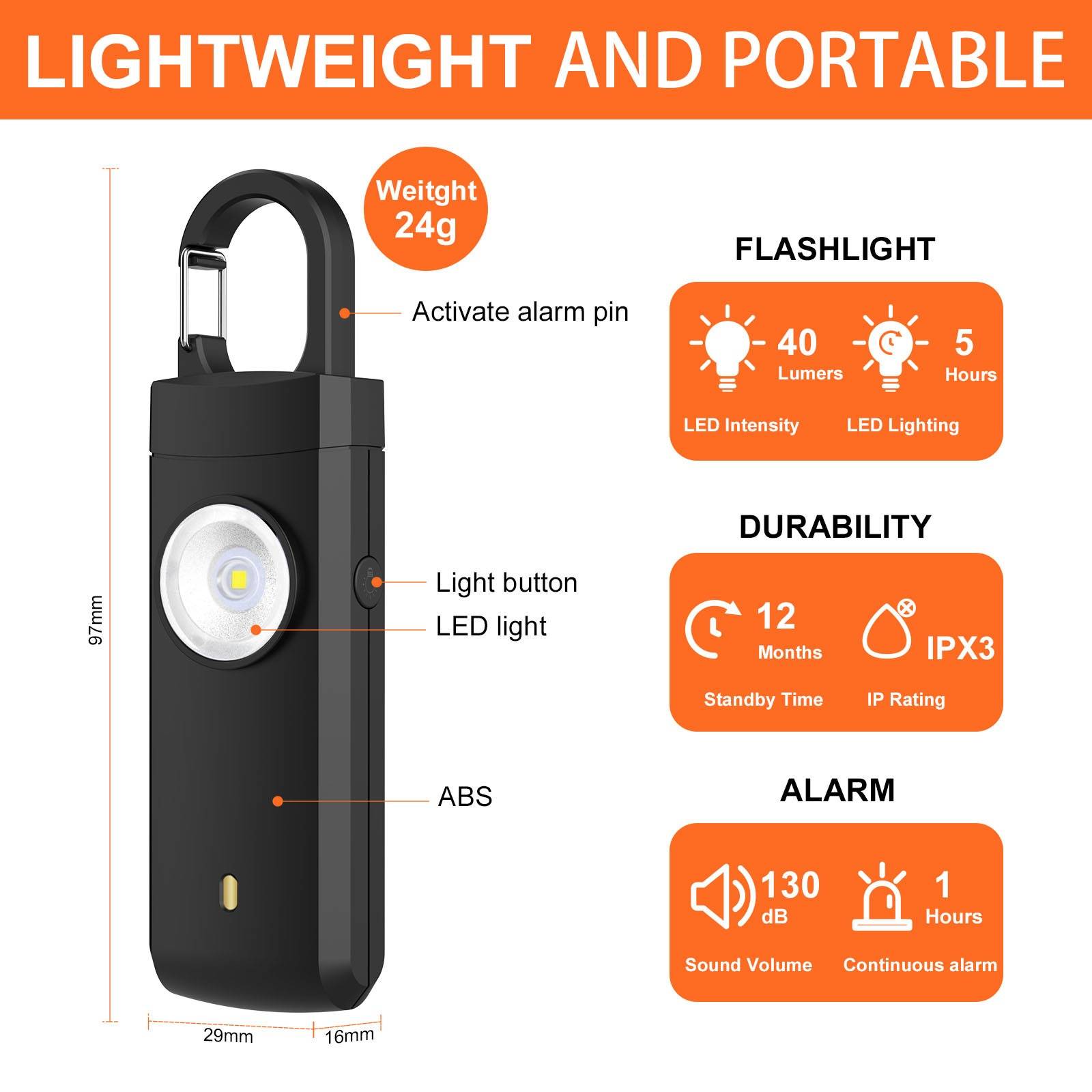 Wiederaufladbarer 130dB Personenalarm mit LED-Licht – Anti-Wolf-Notfall-Schlüsselanhänger-Alarm Black
