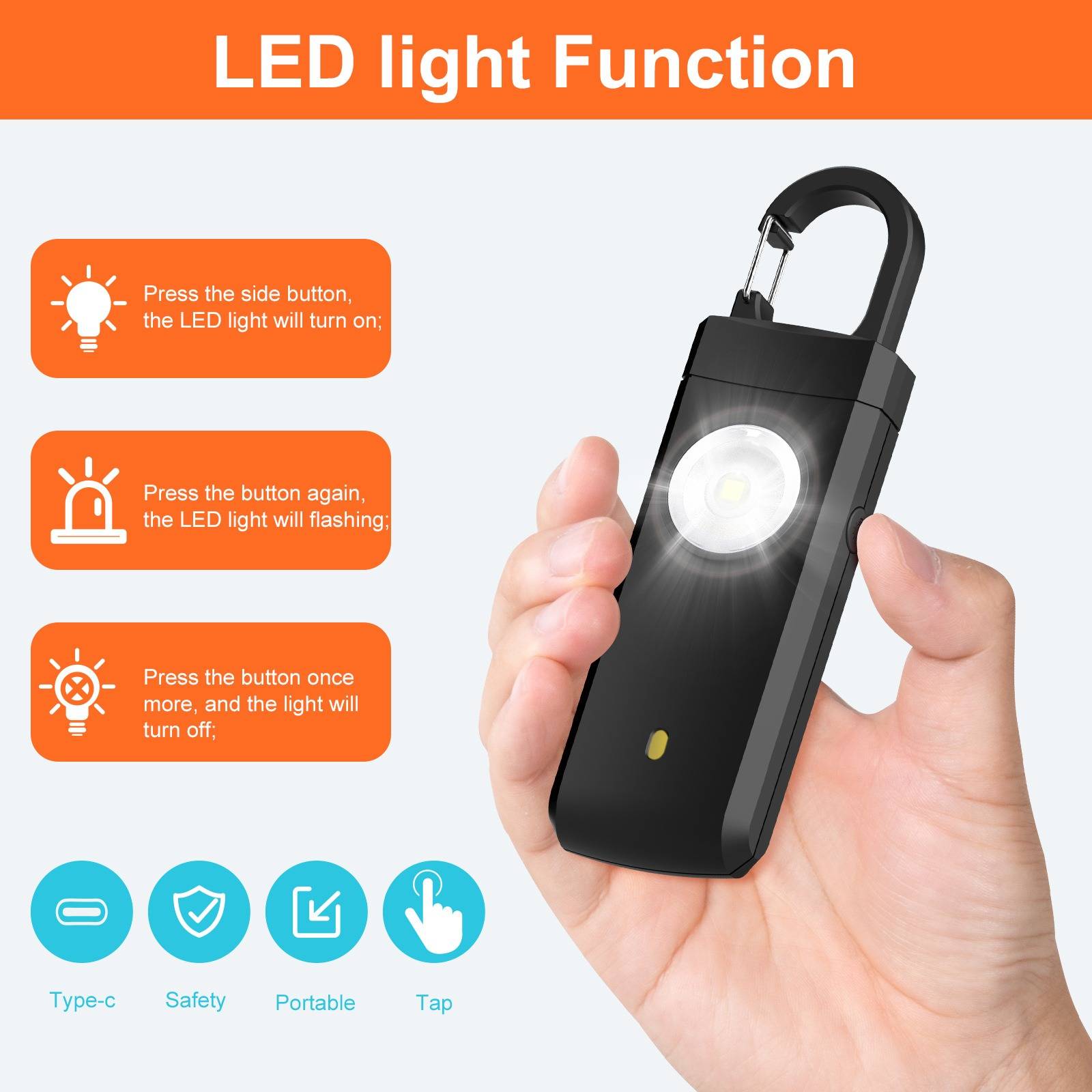 Wiederaufladbarer 130dB Personenalarm mit LED-Licht – Anti-Wolf-Notfall-Schlüsselanhänger-Alarm White