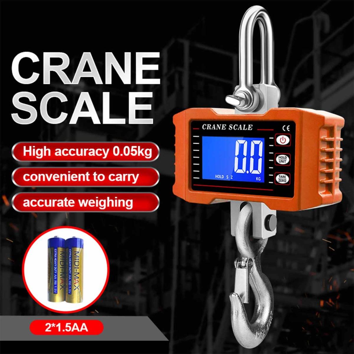 1000 kg Elektronische Hängewaage - Tragbare LCD-Kranwaage mit Batteriebetrieb Orange