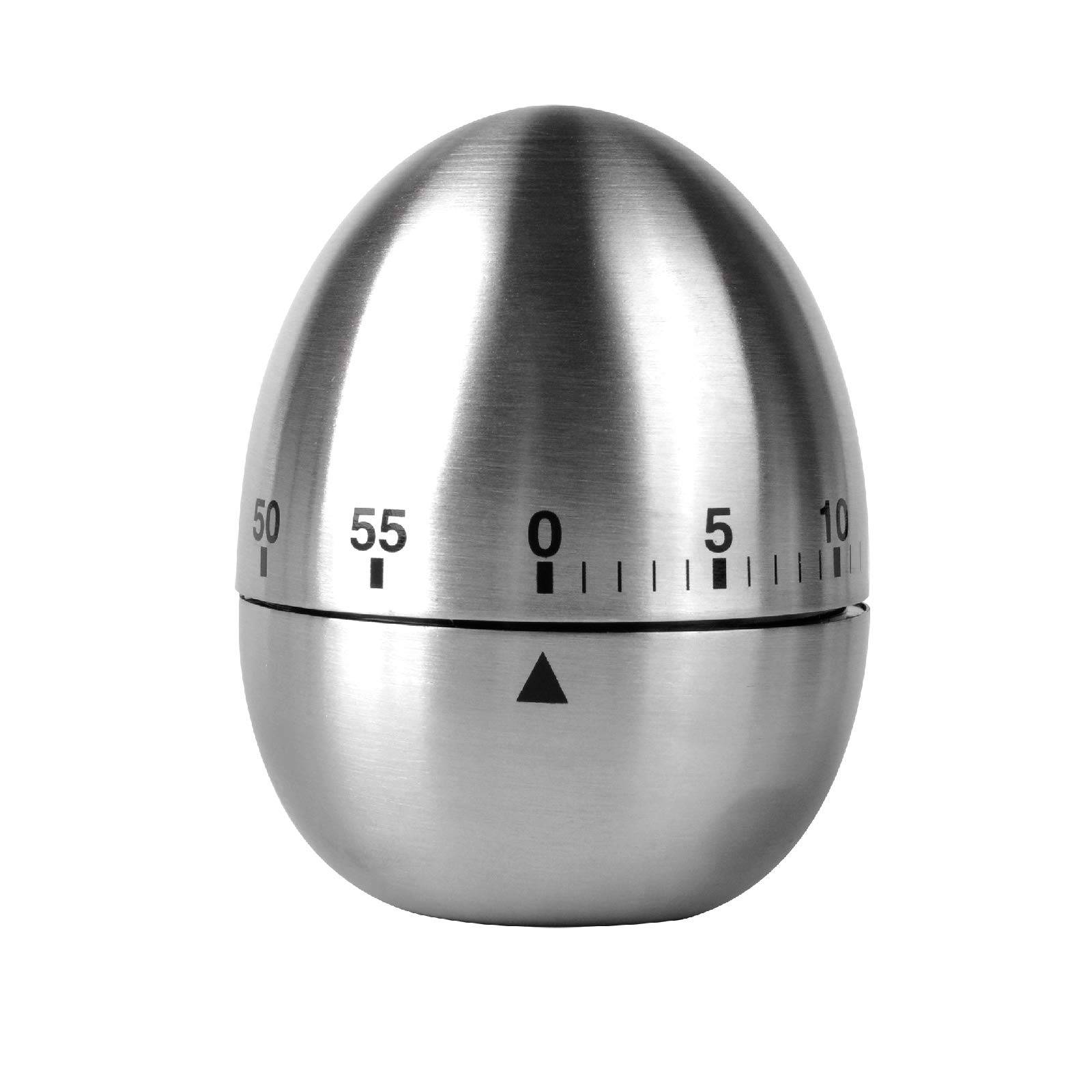 Edelstahl-Küchentimer in Eiform mit einem nummerierten Zifferblatt, das auf 0 Minuten eingestellt ist.