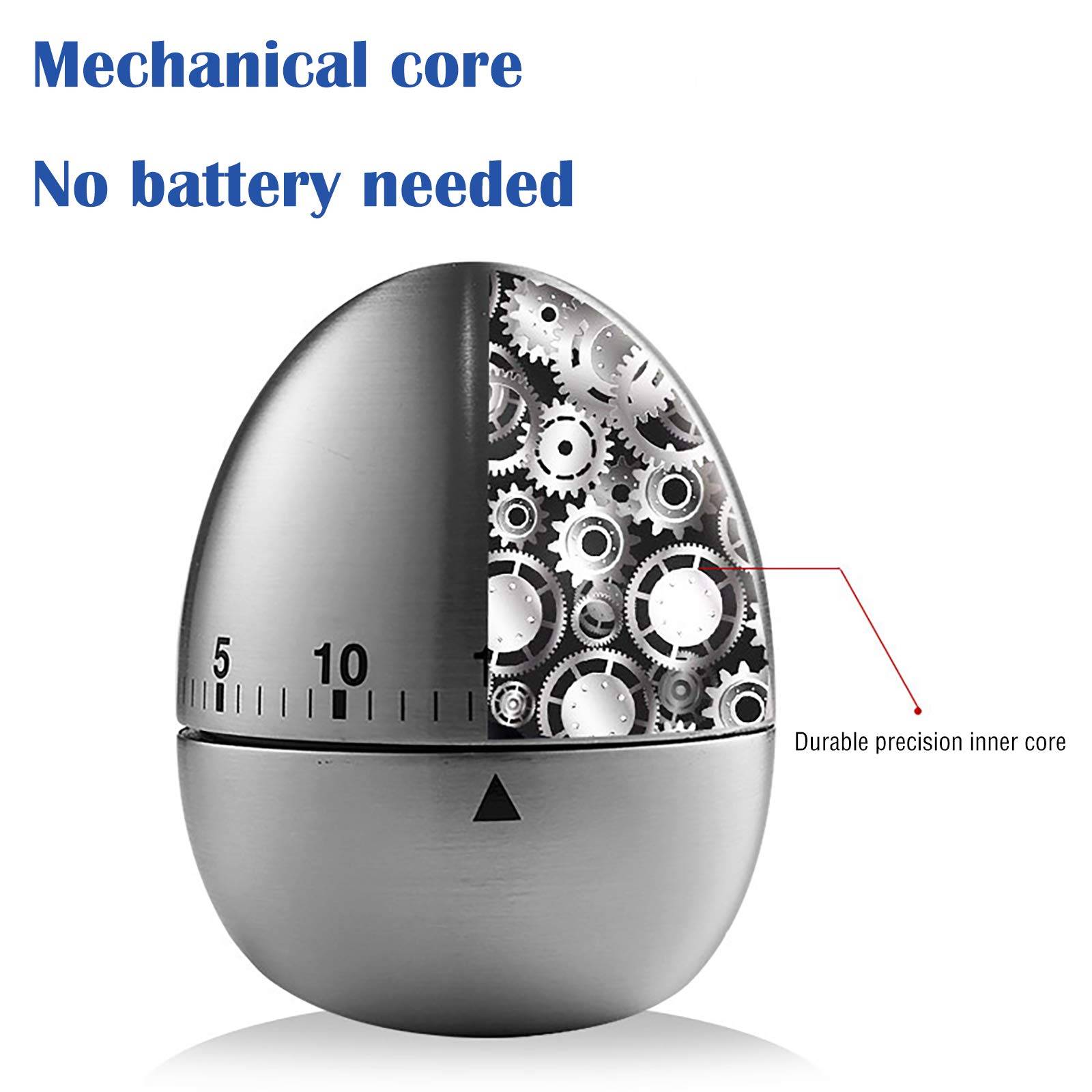 Produktabbildung eines mechanischen eiförmigen Timers mit sichtbaren Zahnrädern, beschriftet mit „Mechanischer Kern" und „Keine Batterie erforderlich"", wobei ein langlebiger Präzisions-Innenkern hervorgehoben wird.