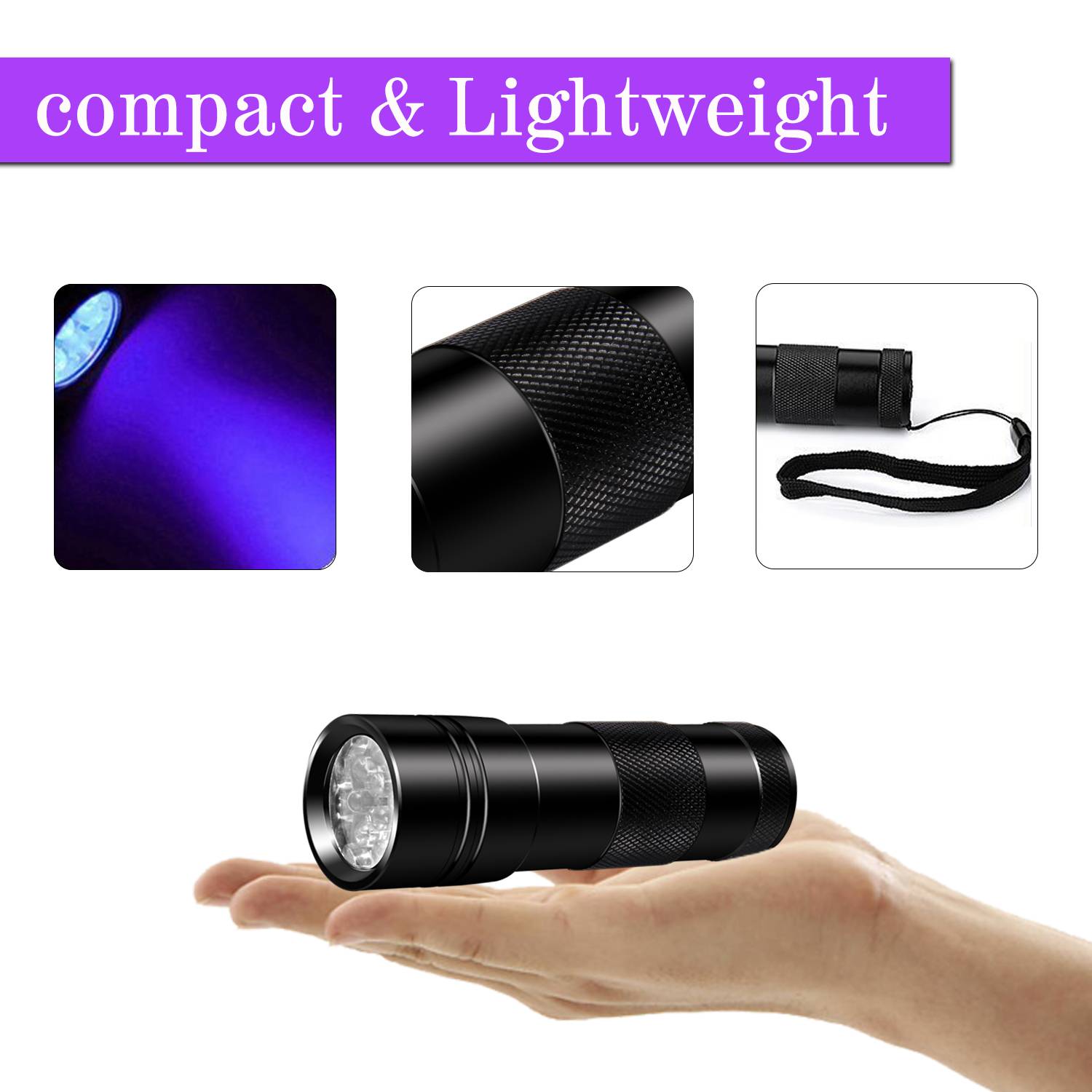UV-Taschenlampe mit 12 LED-Perlen Schwarz 395 nm