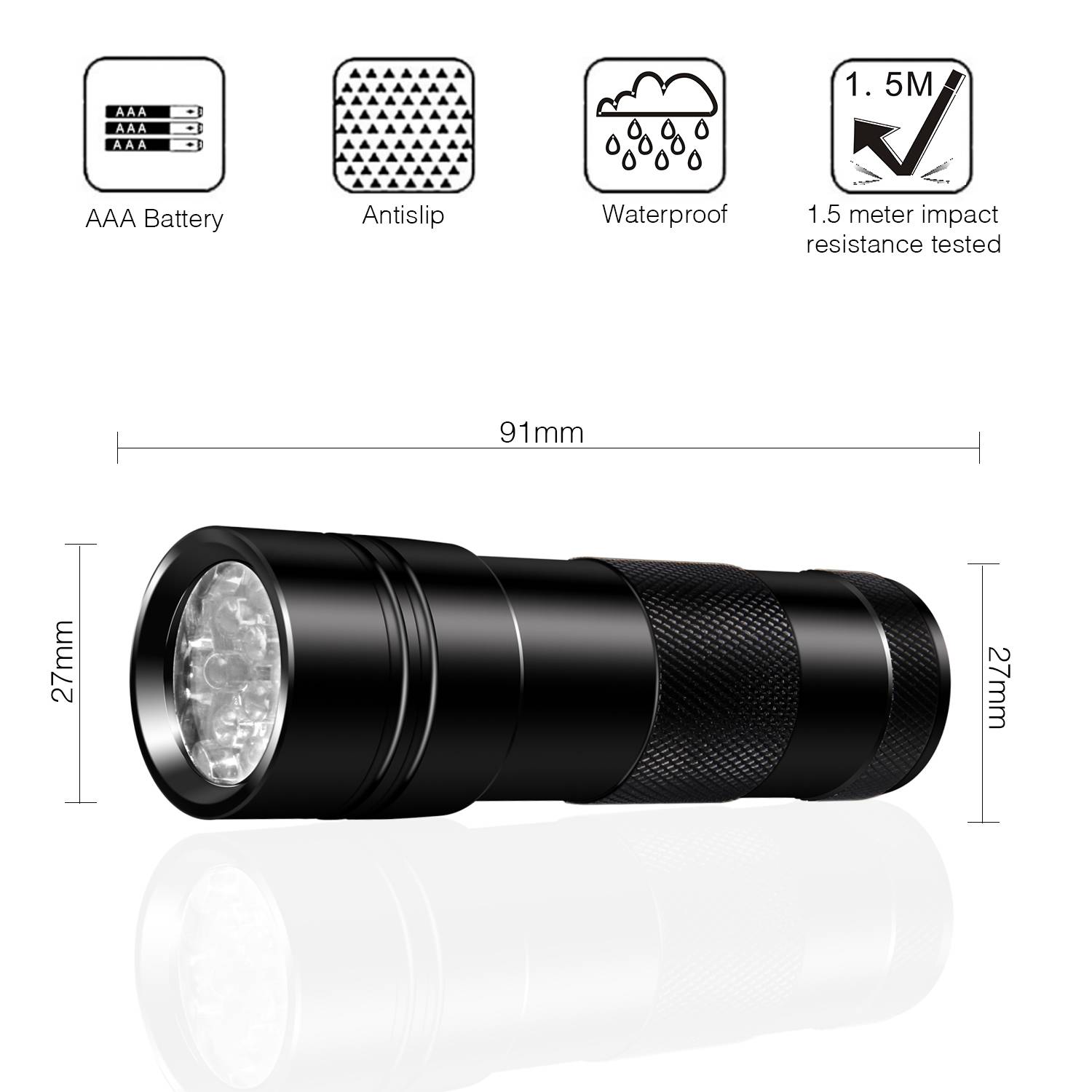 UV-Taschenlampe mit 12 LED-Perlen Schwarz 395 nm