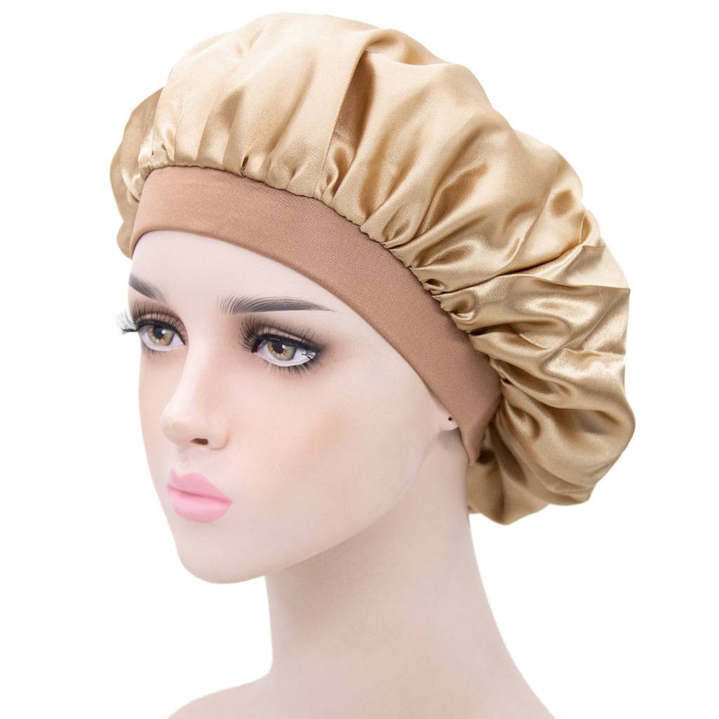 Satinhaube, Schlafmütze, Satin Bonnet, Nachtmütze mit Gummizug Beige
