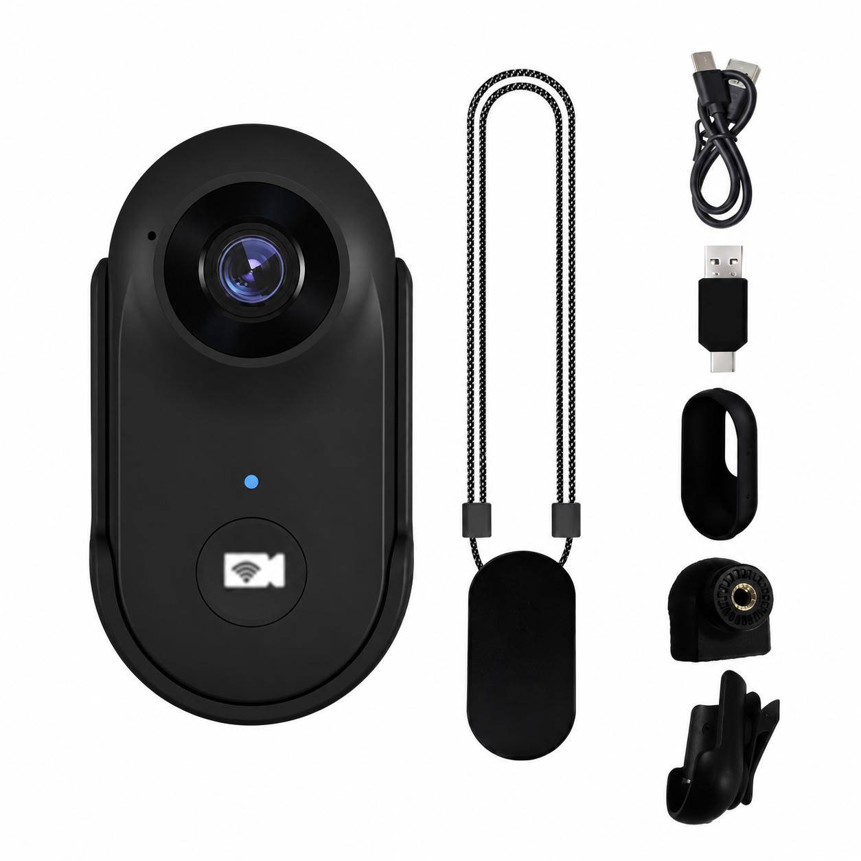 Schwarzes Mini-Kameragerät mit Objektiv und Wi‑Fi-Taste, dargestellt mit Nackenriemen, USB-Kabel, Adapter, Clip, Schutzgehäuse und Montagezubehör.