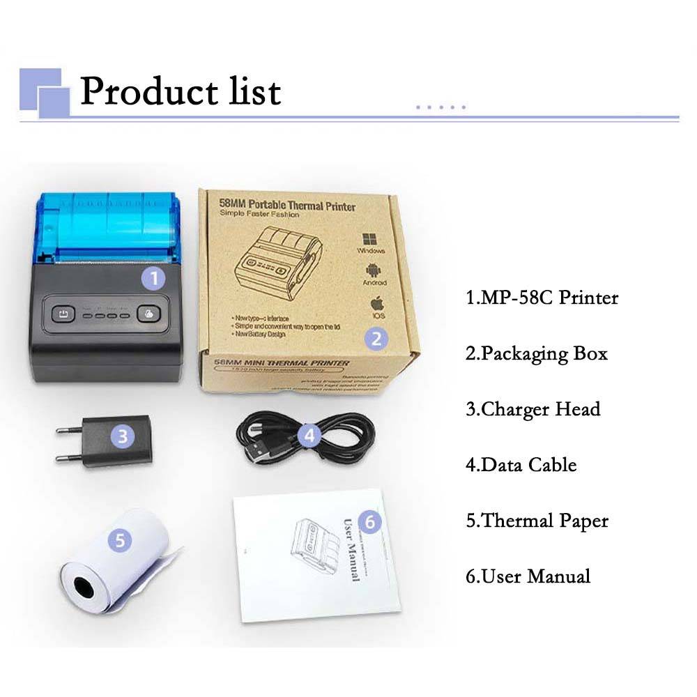 Produktliste mit tragbarem Thermodrucker, dessen Verpackung, Ladekopf, Datenkabel, Thermopapierrolle und Benutzerhandbuch.