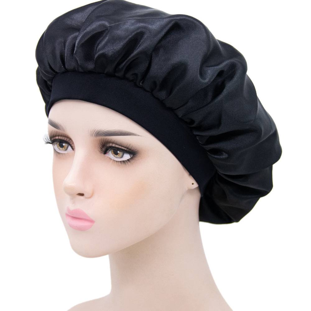 Satinhaube, Schlafmütze, Satin Bonnet, Nachtmütze mit Gummizug Black