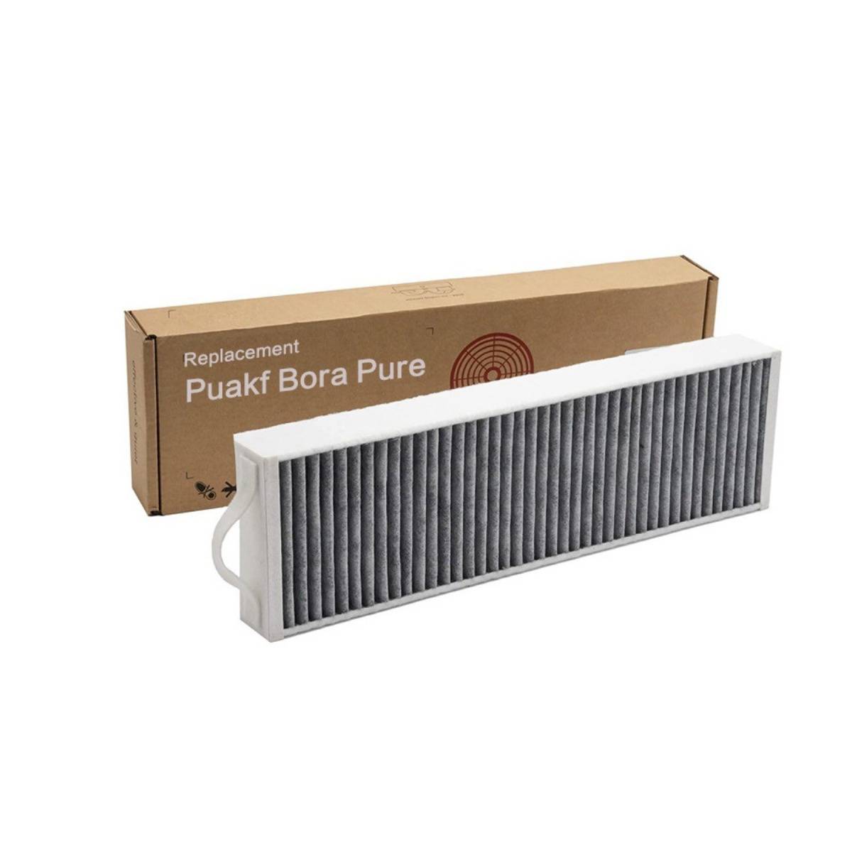Ersatz Puakf Bora Reinluftfilter mit brauner Produktschachteln dahinter auf weißem Hintergrund.