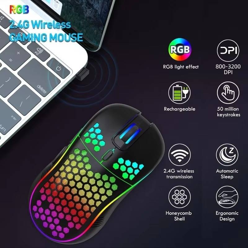 2.4G Kabellose Ladeglühmaus - Einstellbare DPI, Ergonomisches Design Black