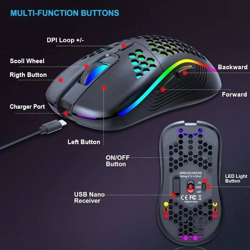 2.4G Kabellose Ladeglühmaus - Einstellbare DPI, Ergonomisches Design Black
