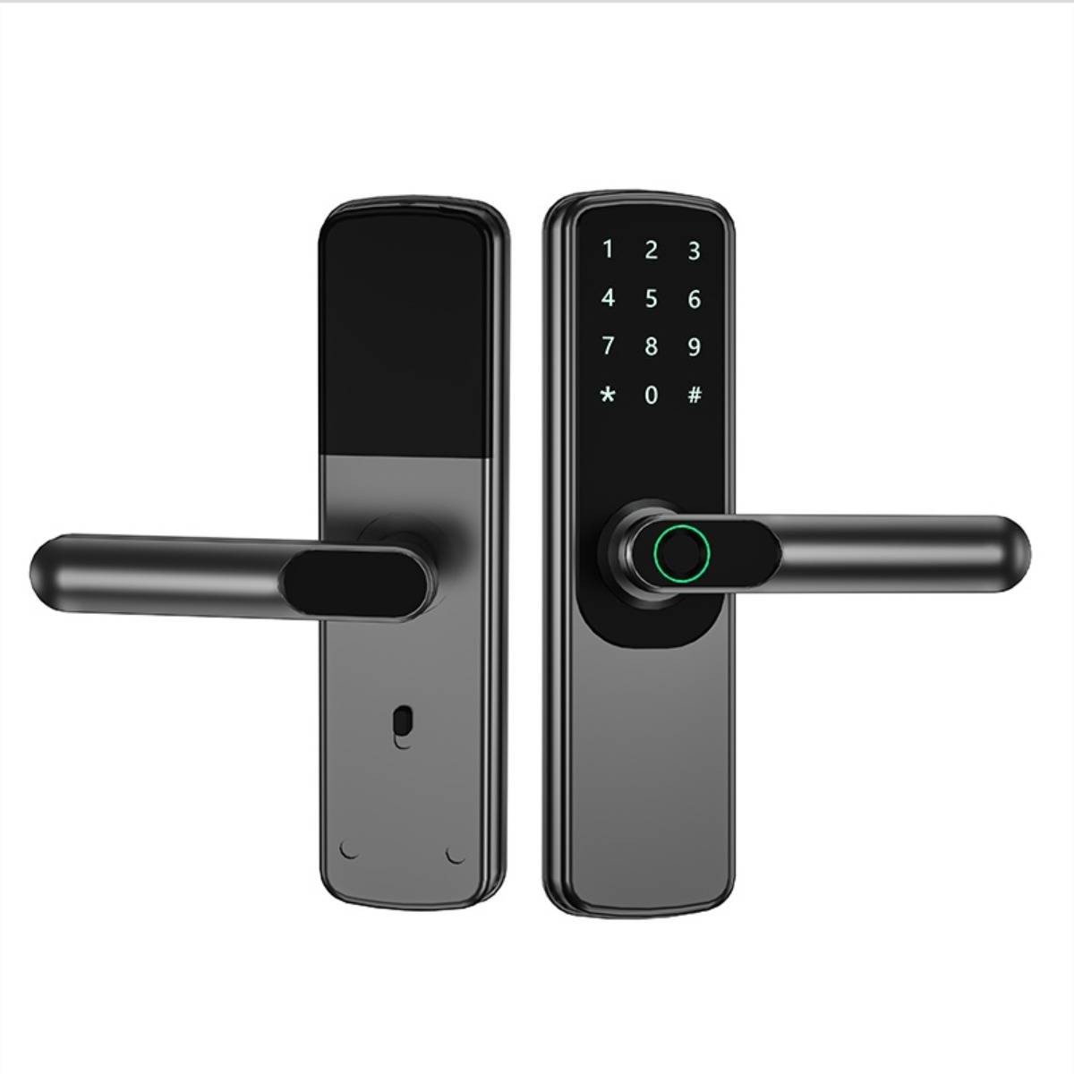 Schwarzes intelligentes Türschloss mit digitaler Tastatur und passenden Hebelgriffen auf weißem Hintergrund.