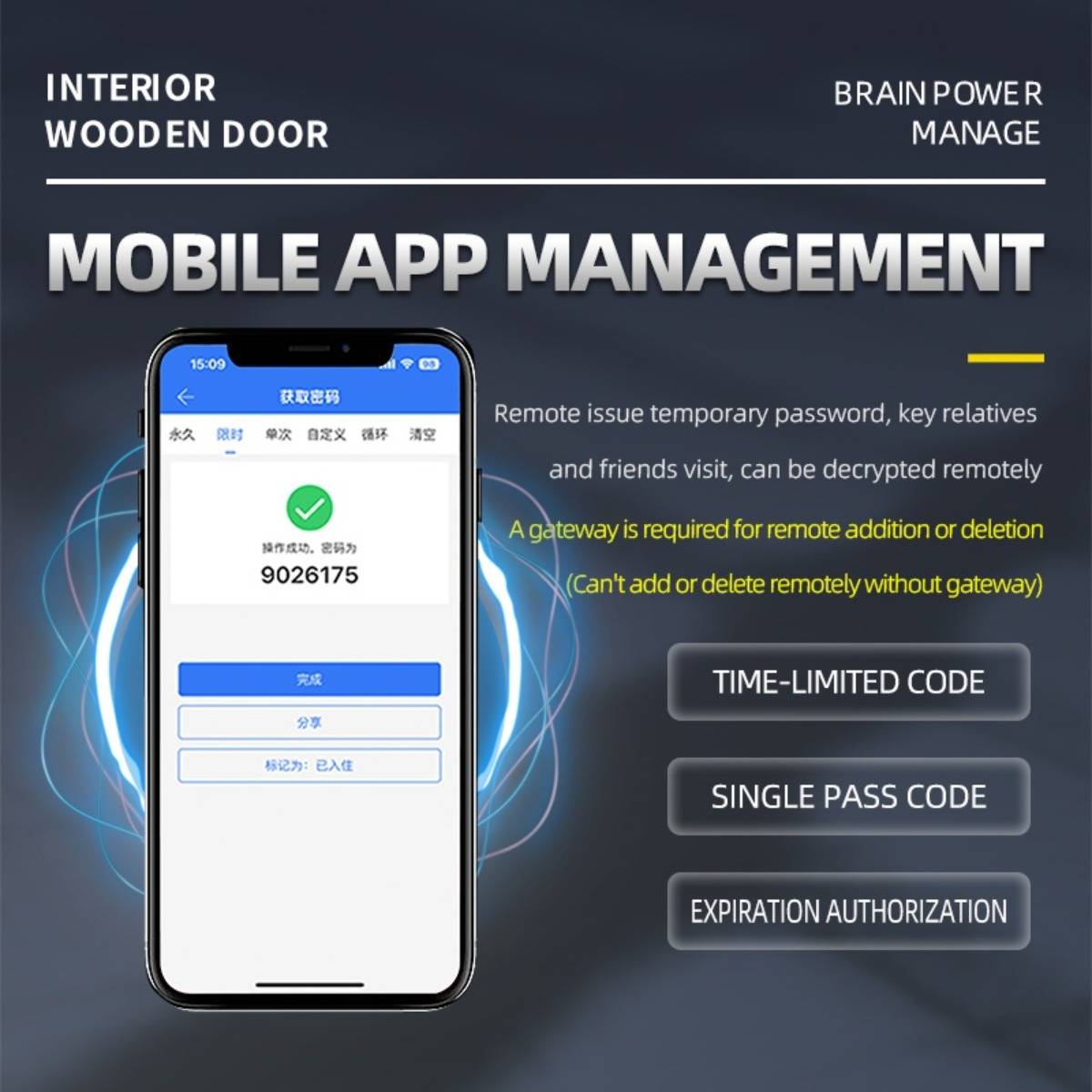 Werbe-Grafik für die Verwaltung von Mobile-Apps mit einem Smartphone, das einen temporären Zugriffscode anzeigt, sowie Text über Remote-Passwort-Freigabe und Gateway-erforderliche Autorisierung.