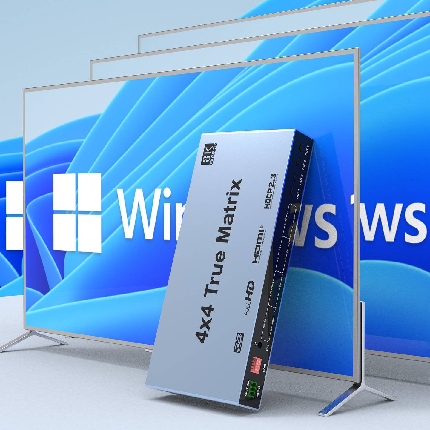 Ein 4x4-HDMI-True-Matrix-Switch-Box steht vor drei Windows-Anzeige-Bildschirmen und zeigt mehrere Ein-/Ausgangsverbindungen.