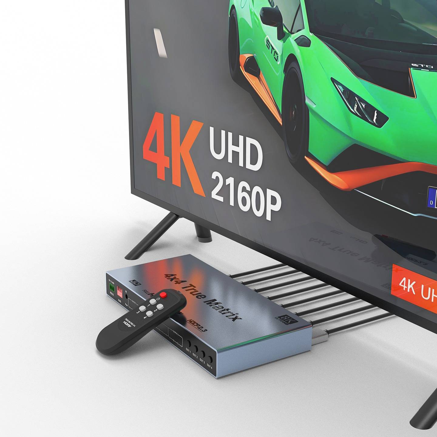 4K UHD 2160p Fernseher, auf dem ein Sportwagen angezeigt wird, mit einer kleinen Streaming-Media-Box und einer Fernbedienung davor.